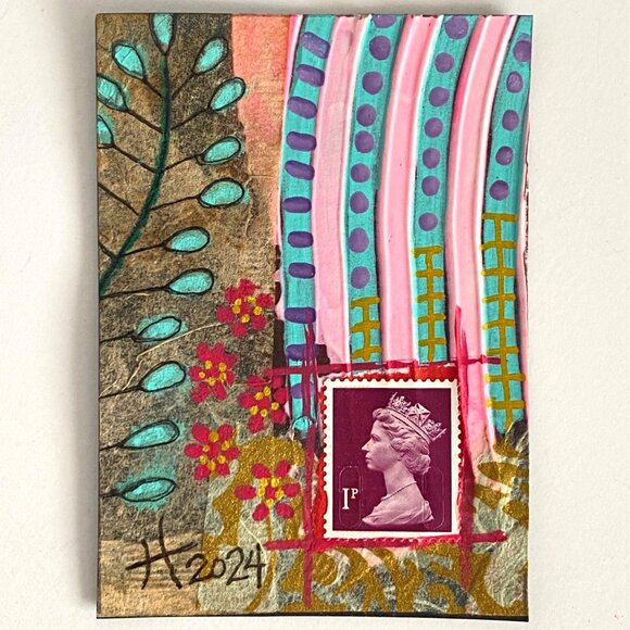 ACEO Original Mixed Media Mini Art UK Postage Stamp Tristina Dietz Elmes ATC - Picture 1 of 2